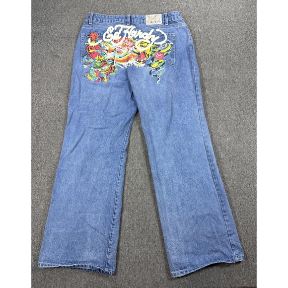 Ed Hardy Denim - Ed Hardy Jeans Womens 34 Blue Tattoo Snake Skull Rose Baggy Denim Big Print
